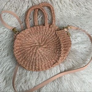 Clare V Pink Straw Circle Round Crossbody Bag